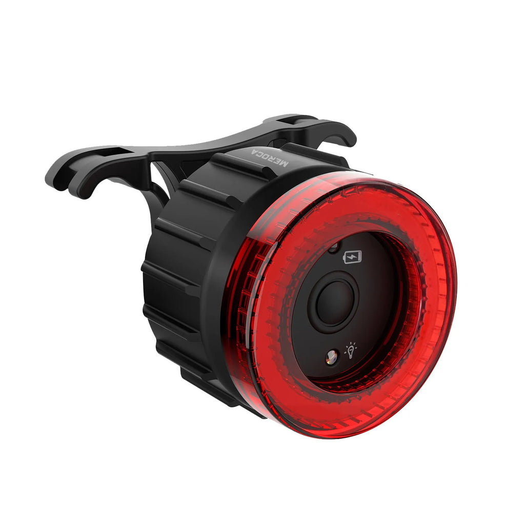 Black intelligent induction brake taillight for bicycles with aluminium alloy casing and mounting brackets.