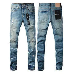 Black men's slim fit skinny jeans with a straight leg and button-fly cardigan opening.