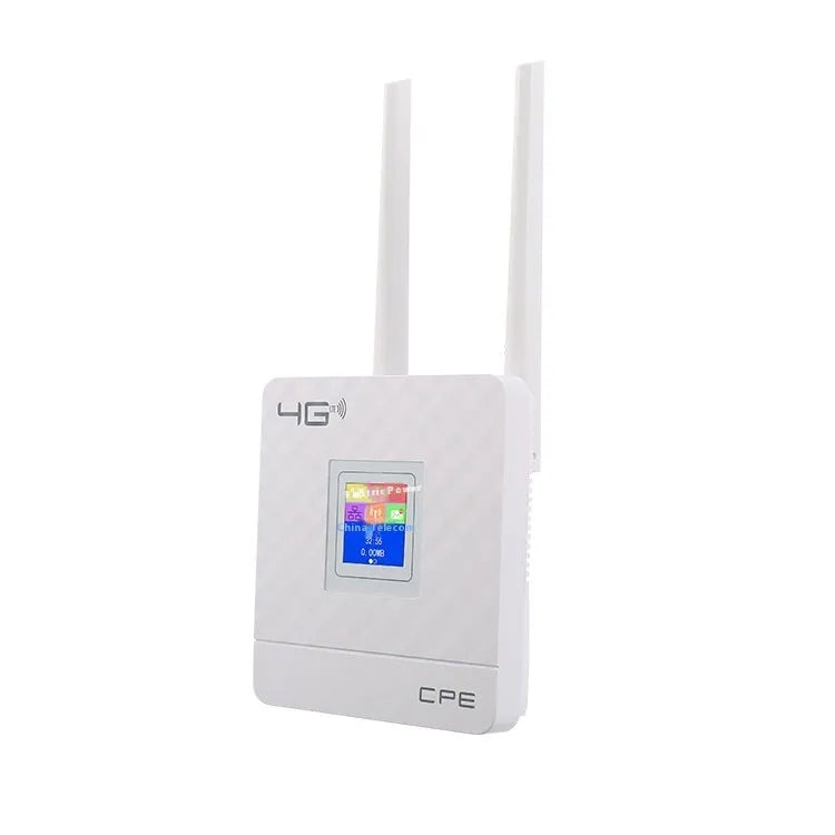 White LTE router with two external antennas, USB cable, and power adapter for home office internet connectivity
