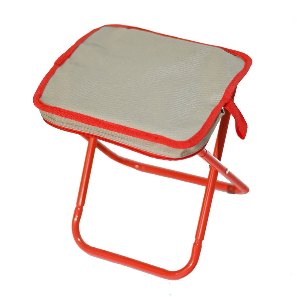 Outdoor foldable camp chair stool in Oxford fabric shown in khaki colour, folded in pencil box shape.