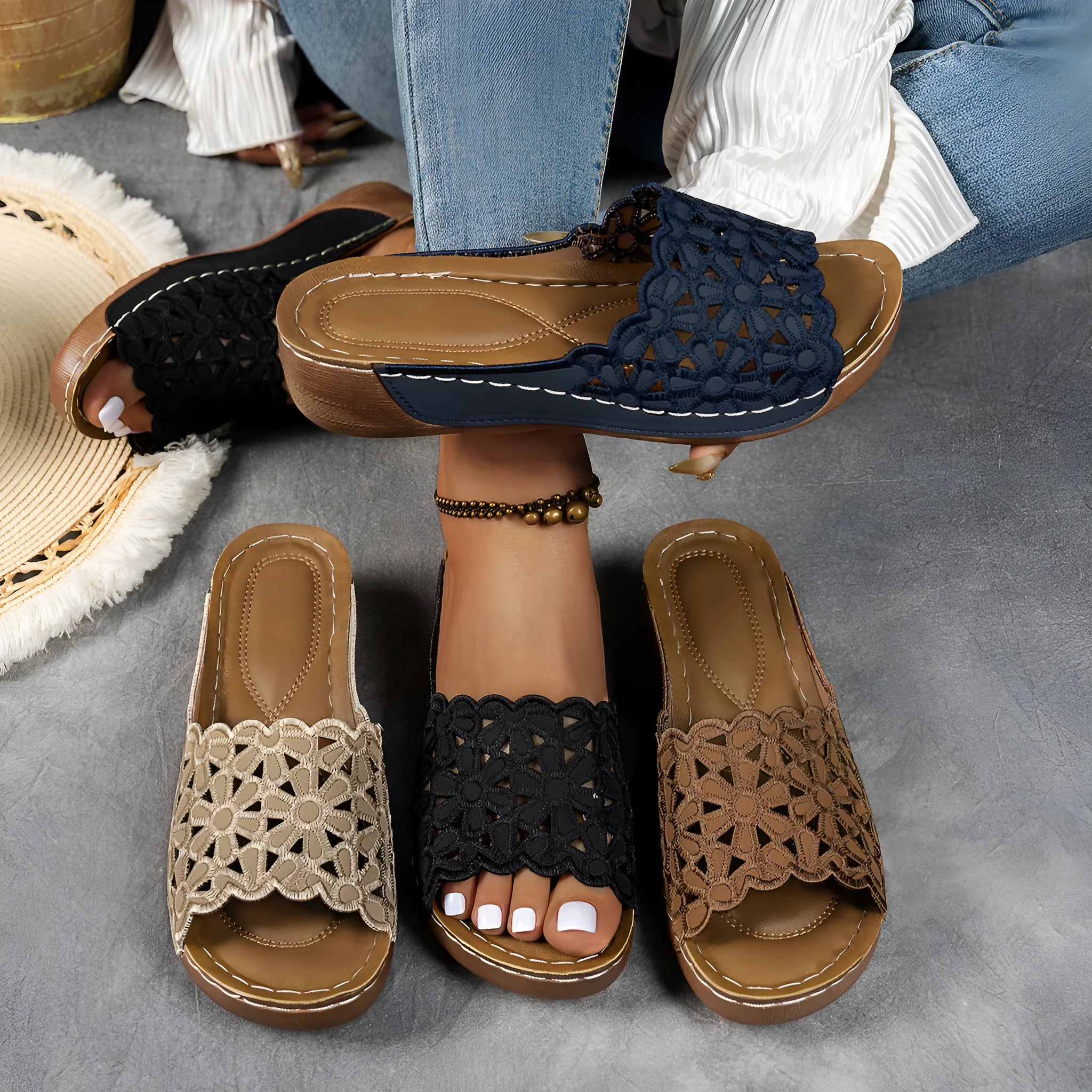 Women's black wedge beach slippers with flower cutout design and fish mouth toe