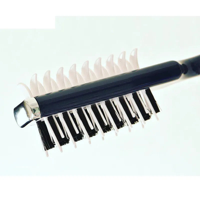 Black hair volumizing comb with natural boar bristles and shark-shaped fins on white background