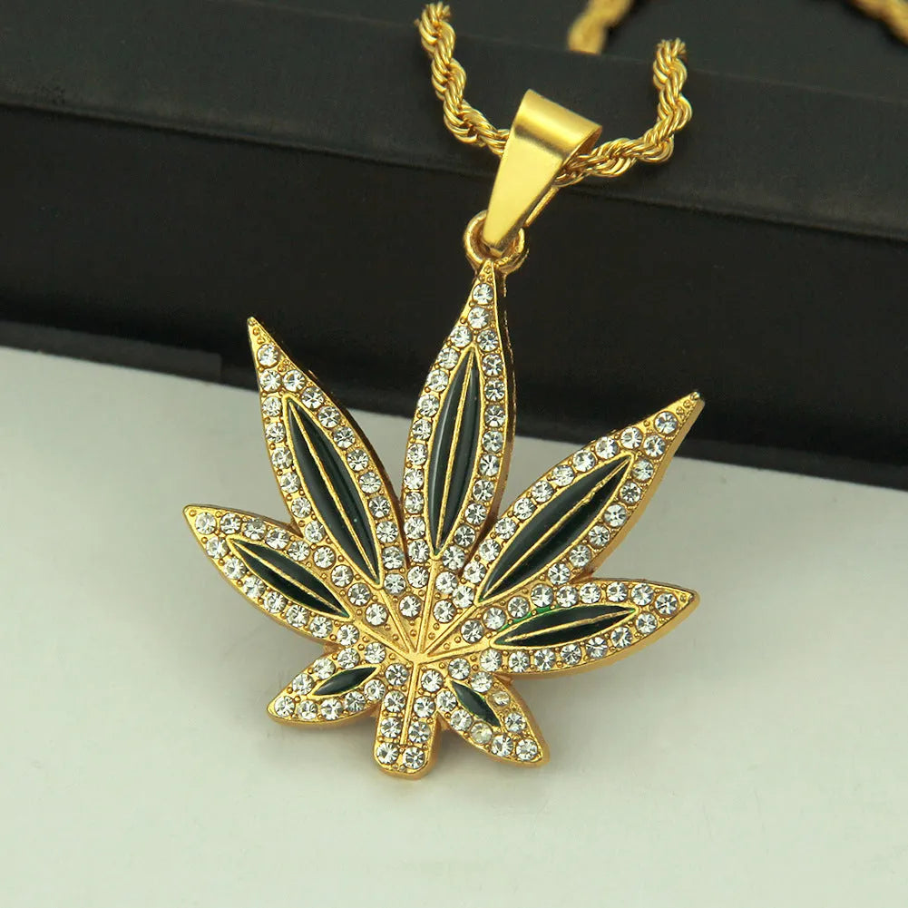 Alloy men's punk hip hop diamond-embedded maple leaves pendant necklace with rhinestone metal chain
