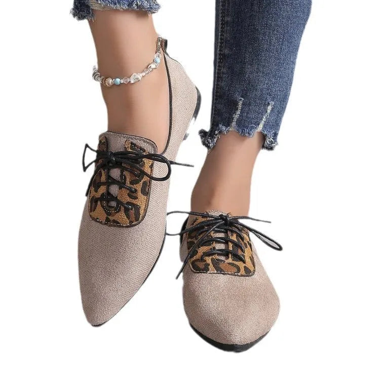 Plus size women's pointed toe leopard print pumps in beige with rubber sole