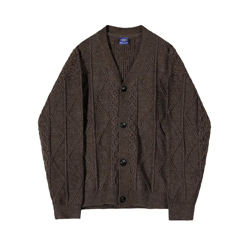 Coffee brown loose fit acrylic cardigan with long sleeves on a plain background