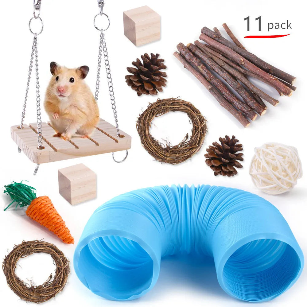 Assortment of natural wooden and woven grass chew toys for small pets like rabbits and guinea pigs