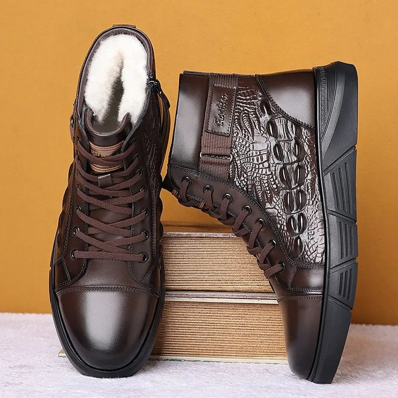 Genuine leather winter boots with fur lining and velvet trim, featuring non-slip rubber soles and front lace-up design