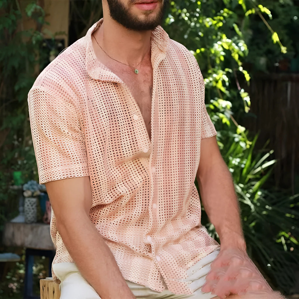 Men's pink short-sleeve cardigan with a loose hole waffle knit texture for summer.