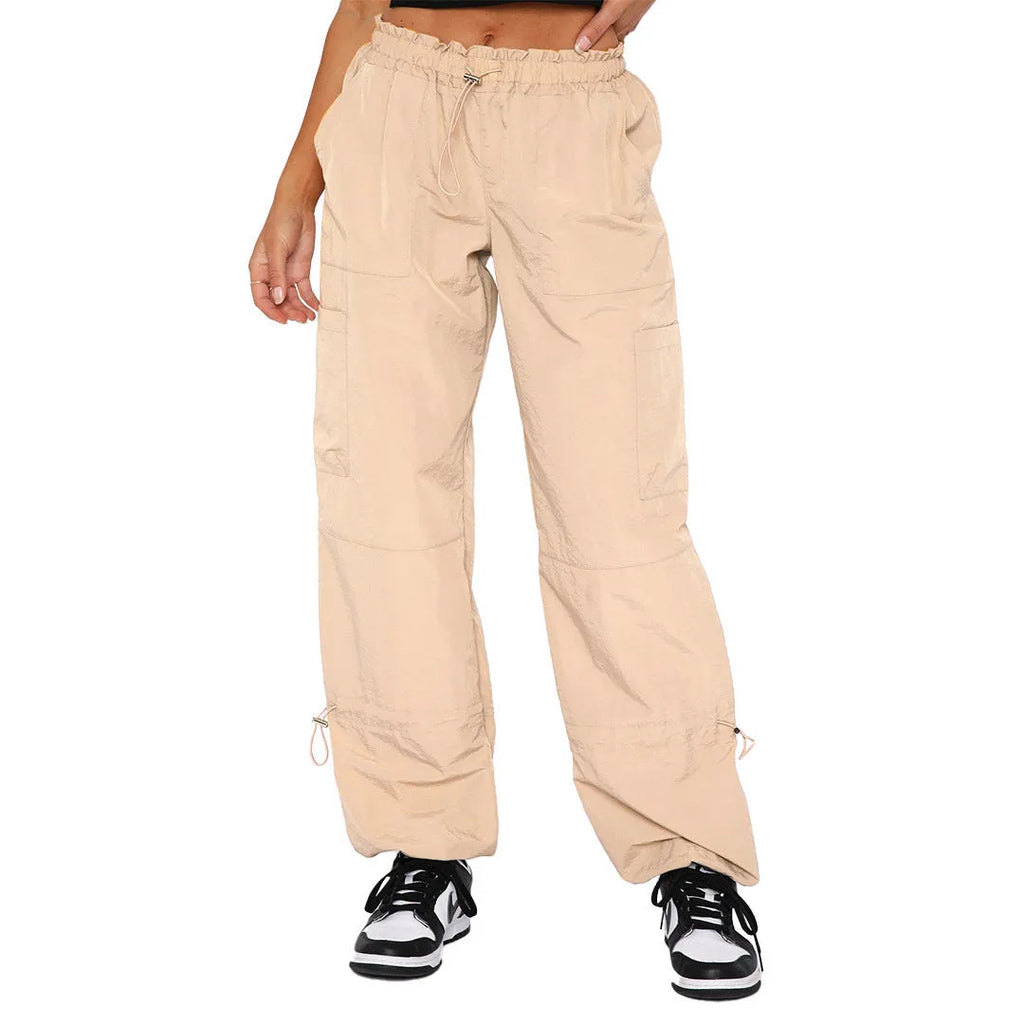 Straight-leg loose fit cargo casual pants in multiple colours on a mannequin, showing utility pockets.