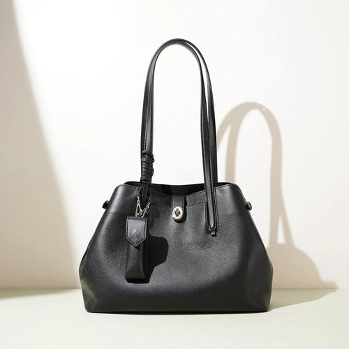 Women's genuine leather bucket bag in elephant gray with patchwork detail, large capacity underarm style