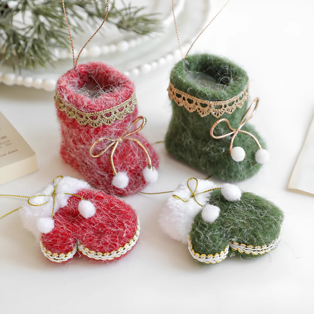 Plush Christmas tree ornament in red or green boot or glove shape, plastic and plush hanging decoration