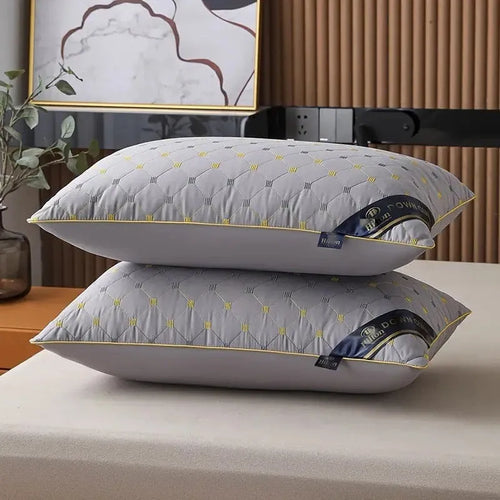 A white polyester fibre bedding pillow core on a bed, with size and weight options shown for 48x74cm and 42x70cm.