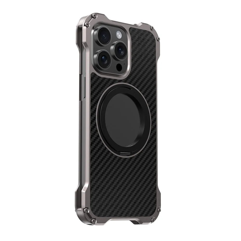 Dark gray metal carbon fibre rotating bracket phone case for Apple iPhone 15 Pro Max with anti-fall and anti-fingerprint properties