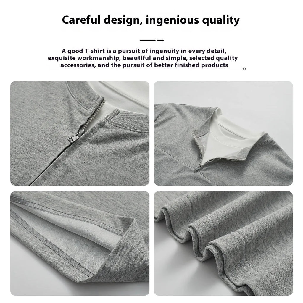 Women's solid colour loose patchwork top with zip false two-piece styling in cotton blend fabric