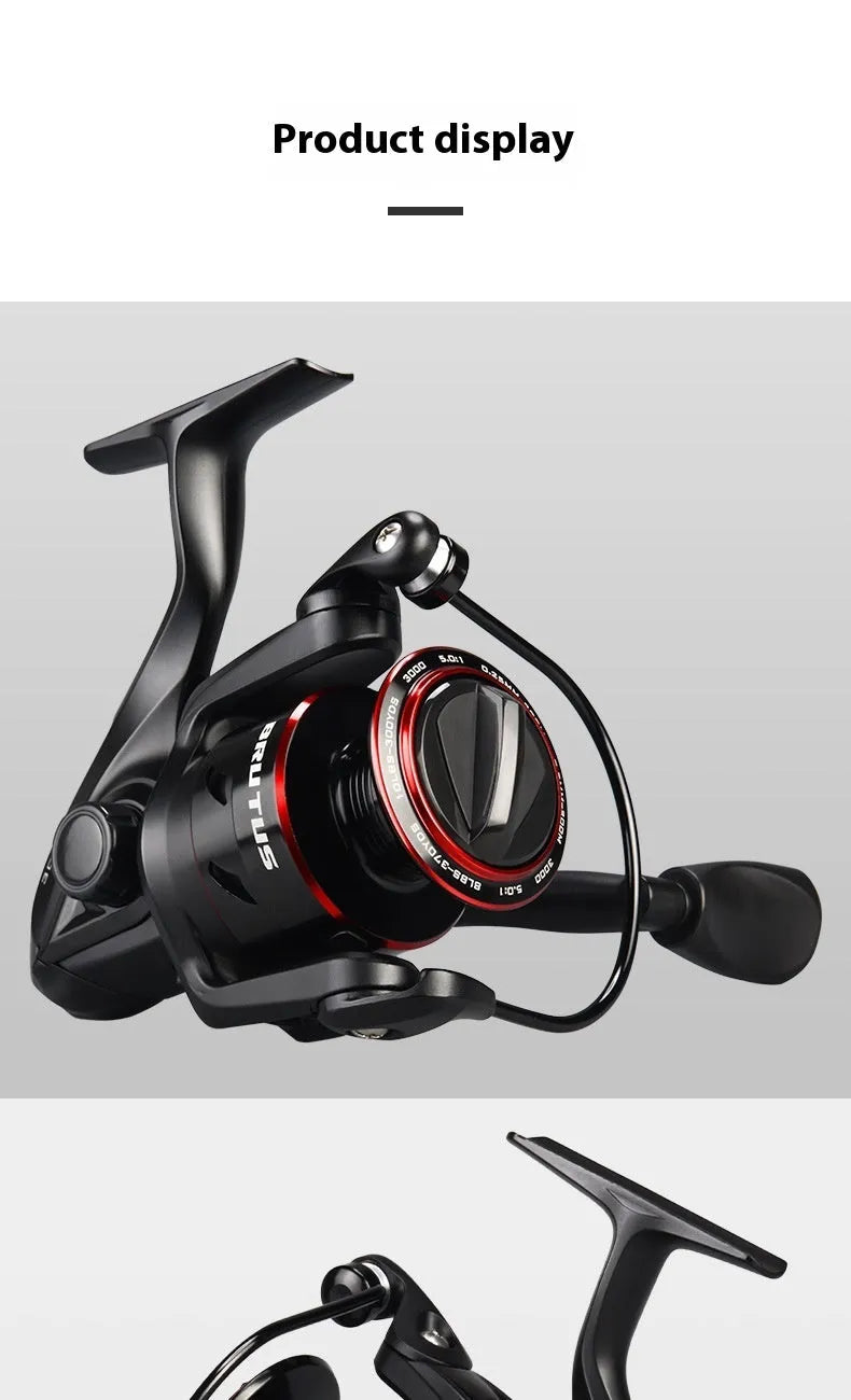 All metal spinning fishing reel and collapsed telescopic fishing rod combo on a background.
