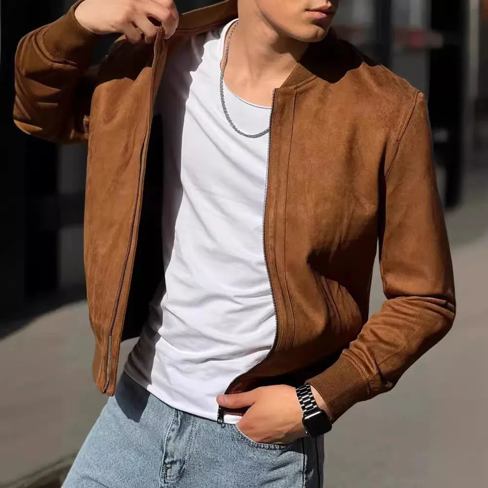 European and American leisure suede solid color coat, brown, polyester fibre, regular length