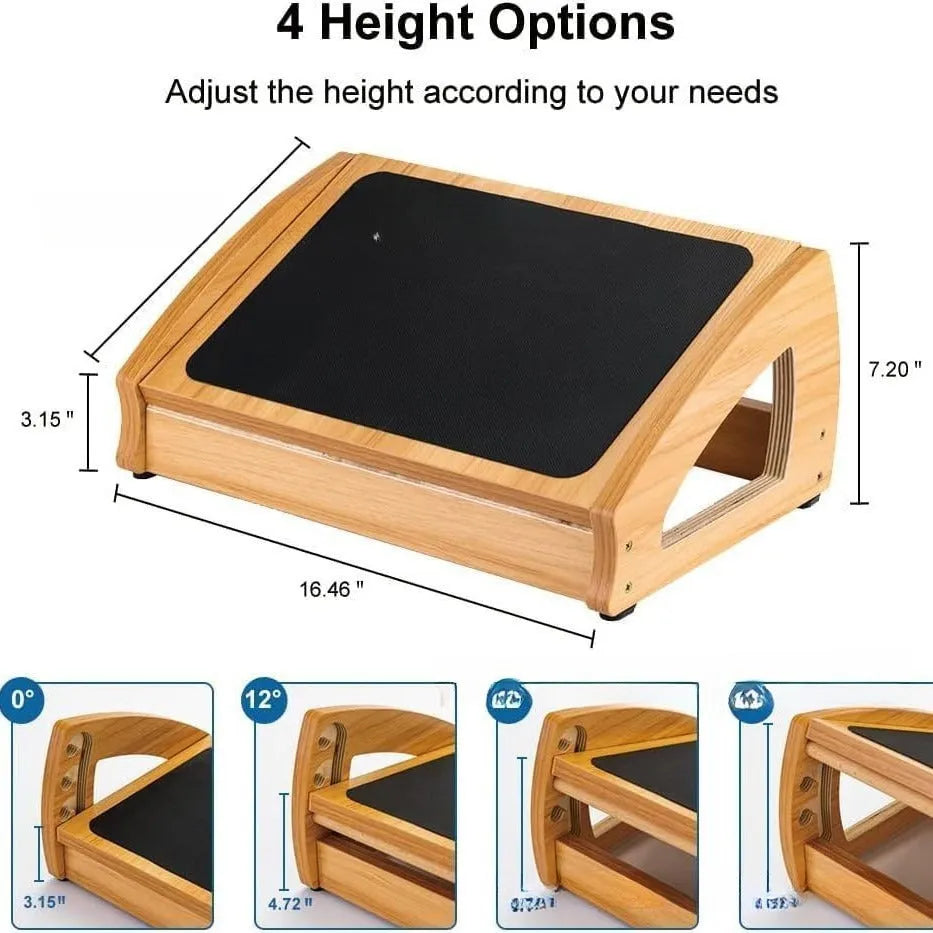 Wooden bamboo adjustable height office desk footstool in natural wood colour