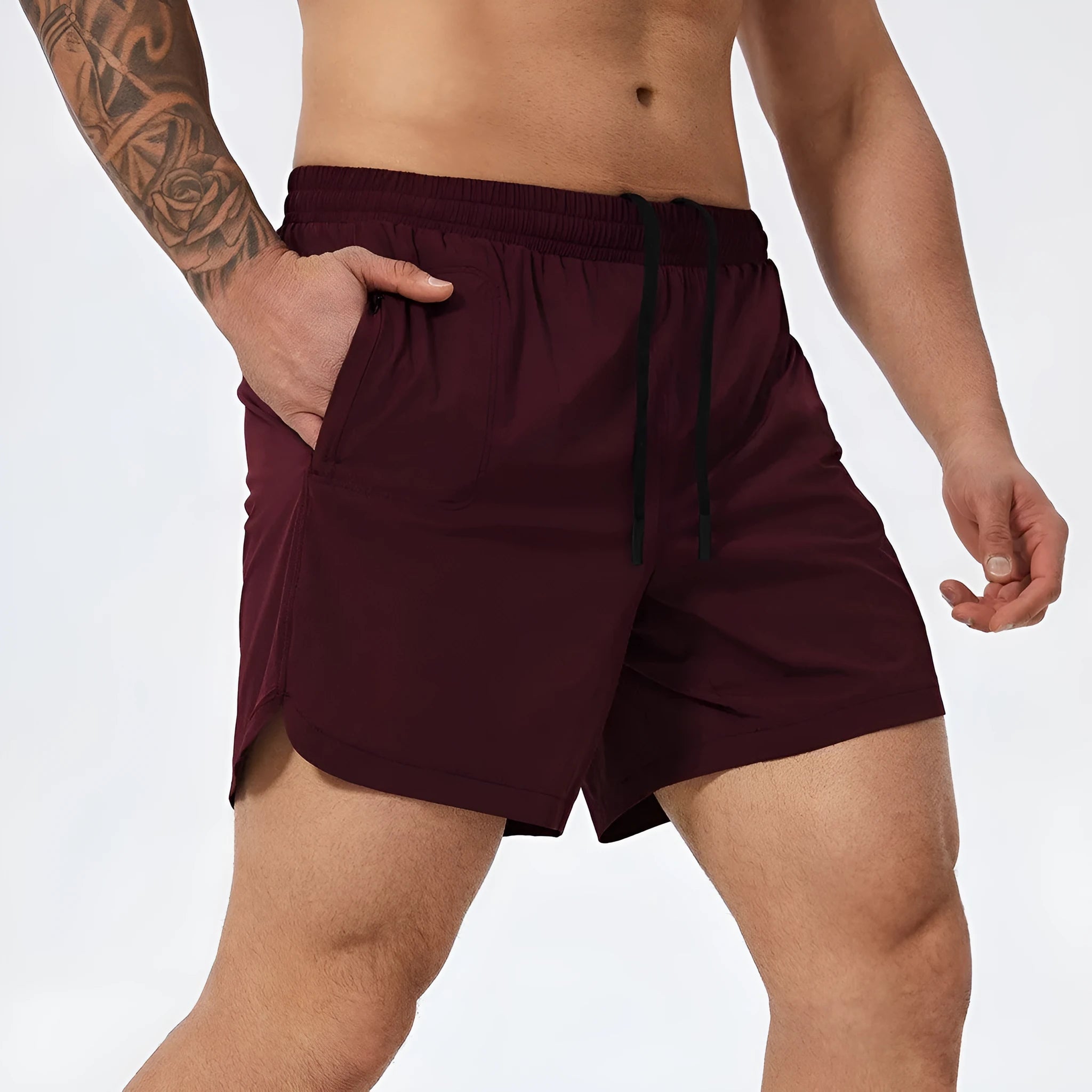 Men's nylon athletic shorts for basketball tennis running in black medium grey wine red or light blue