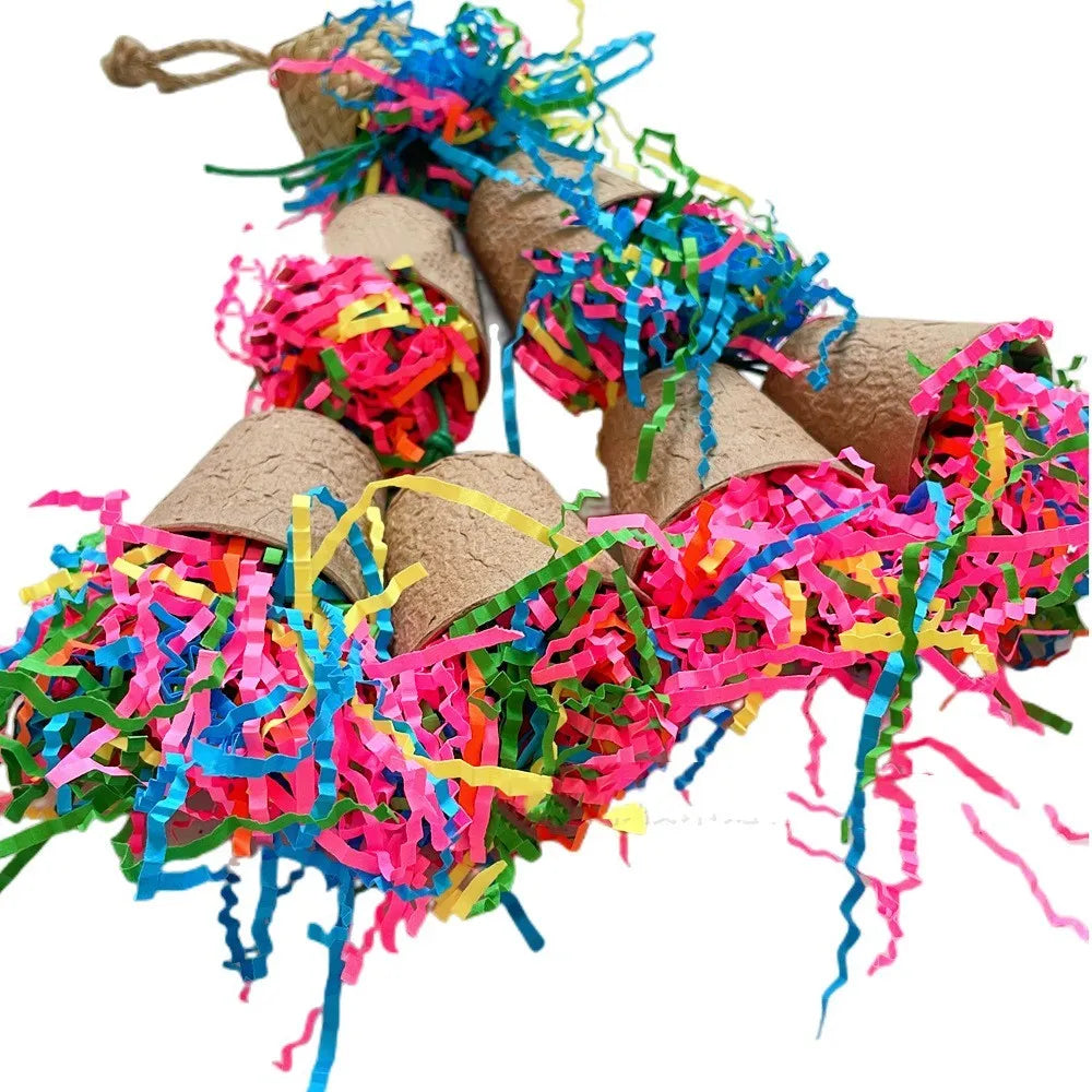 Parrot chewing toy made of woven palm with a paper cup, hanging at 38cm.
