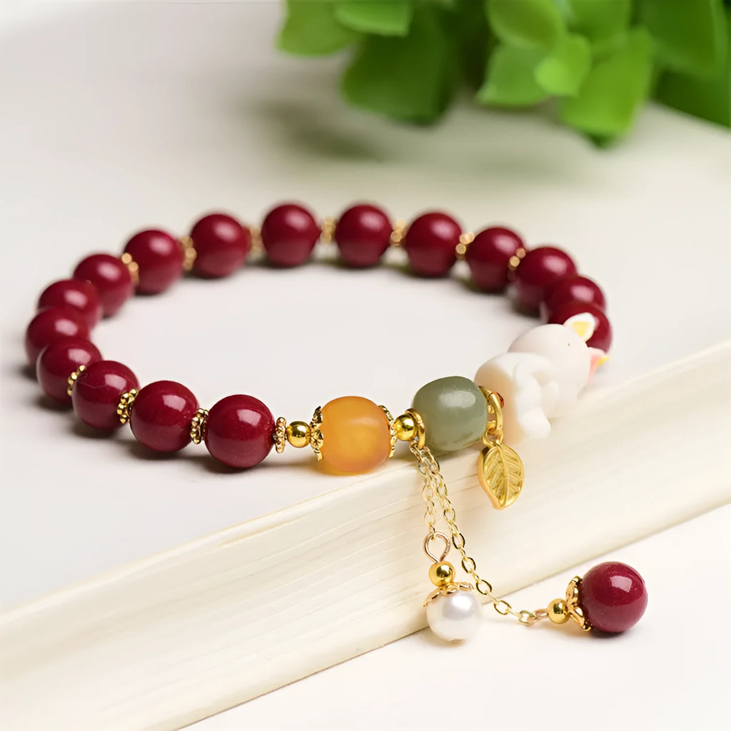 Natural cinnabar bracelet with rabbit design in traditional Chinese style