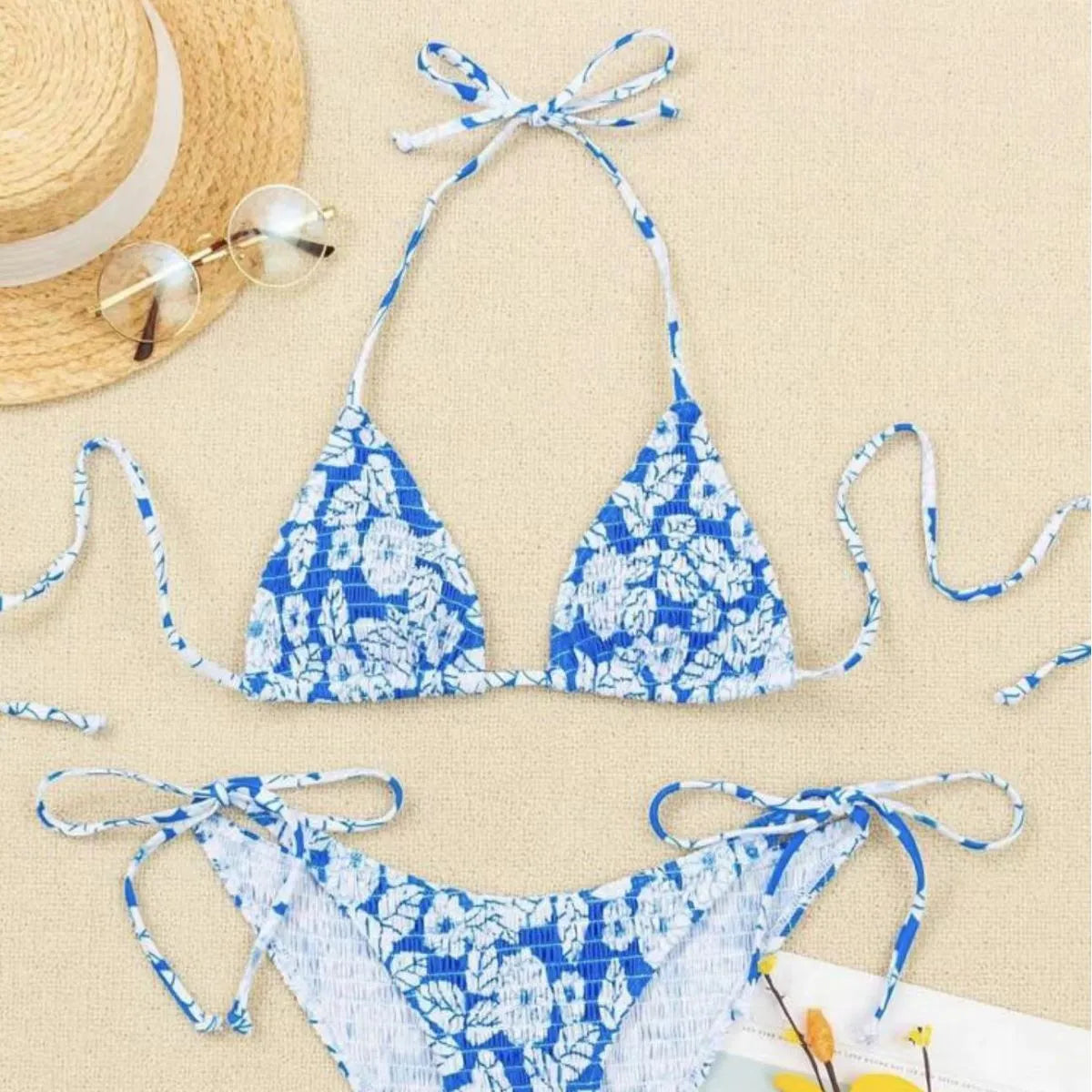 Women's floral halter swimsuit briefs in light blue, orange red, pink, rose red or sapphire blue