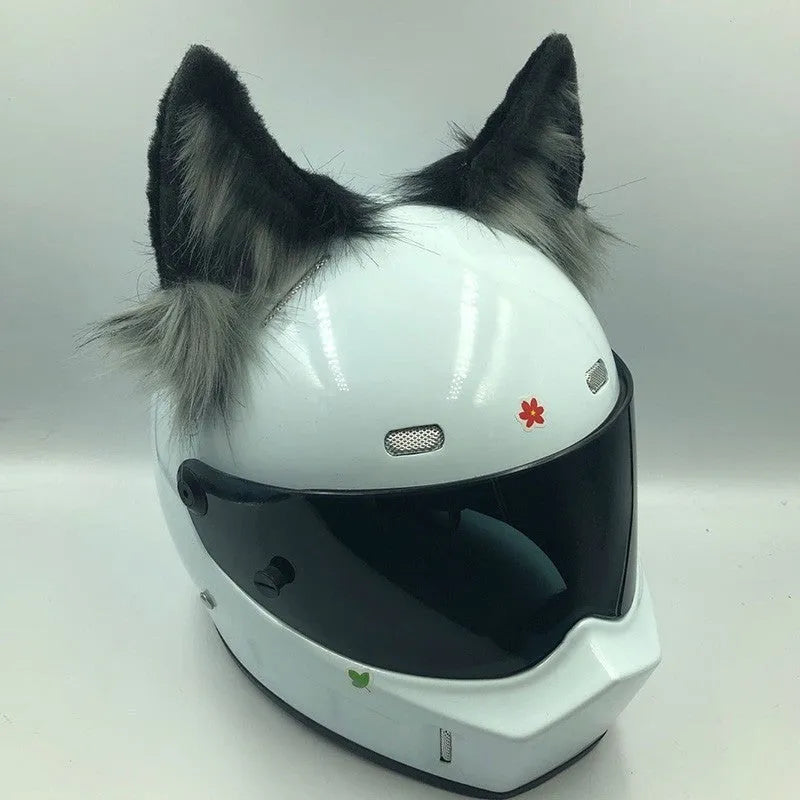 Set of detachable animal ears and tail ornament for motorcycle helmet, shown in black and white wolf design.