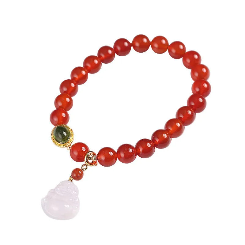 Red agate bracelet with amber geometric component and Maitreya Buddha pendant featuring ancient gold hanging jade accents