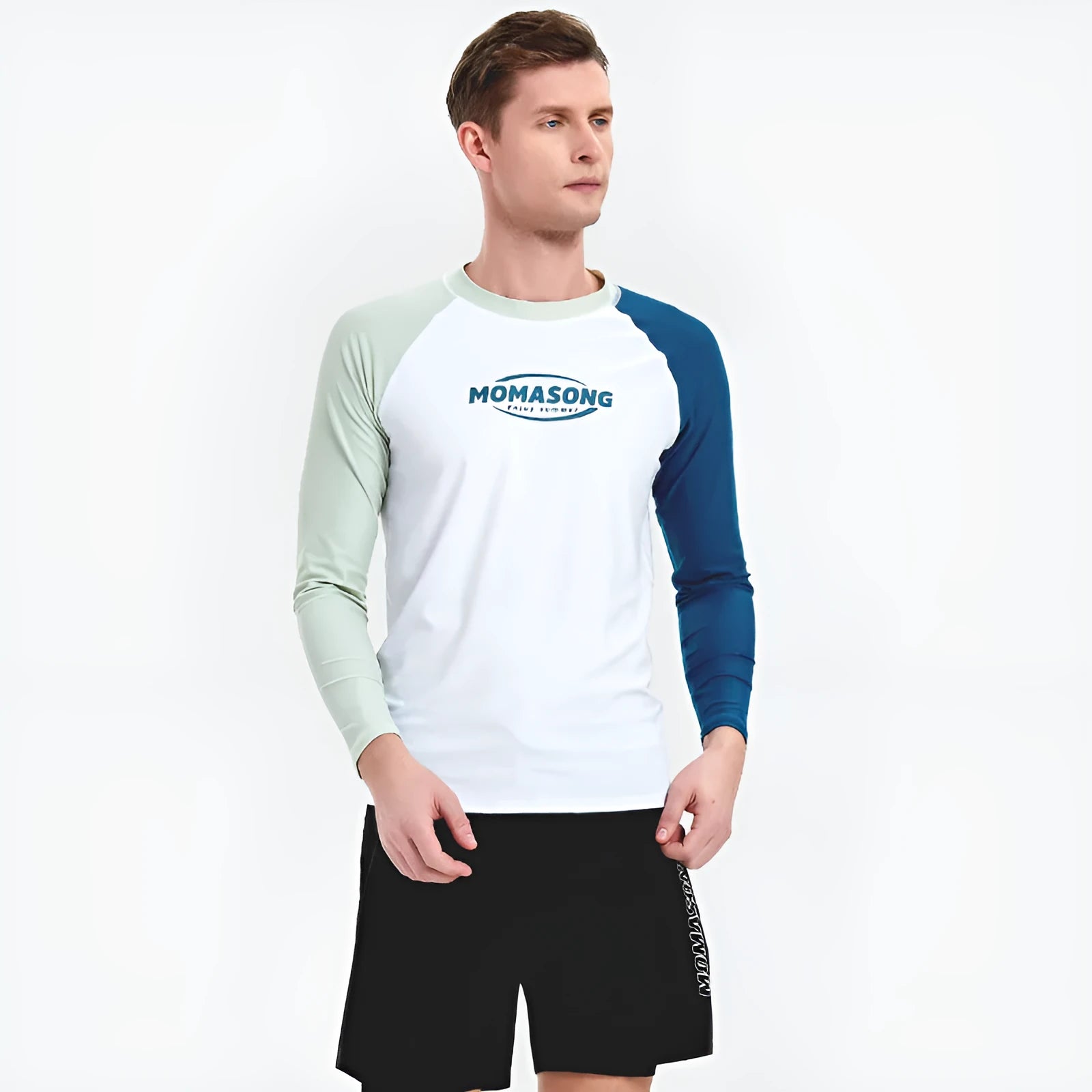 Men's white long-sleeved swim top and matching navy blue swim trunks set for outdoor water sports.