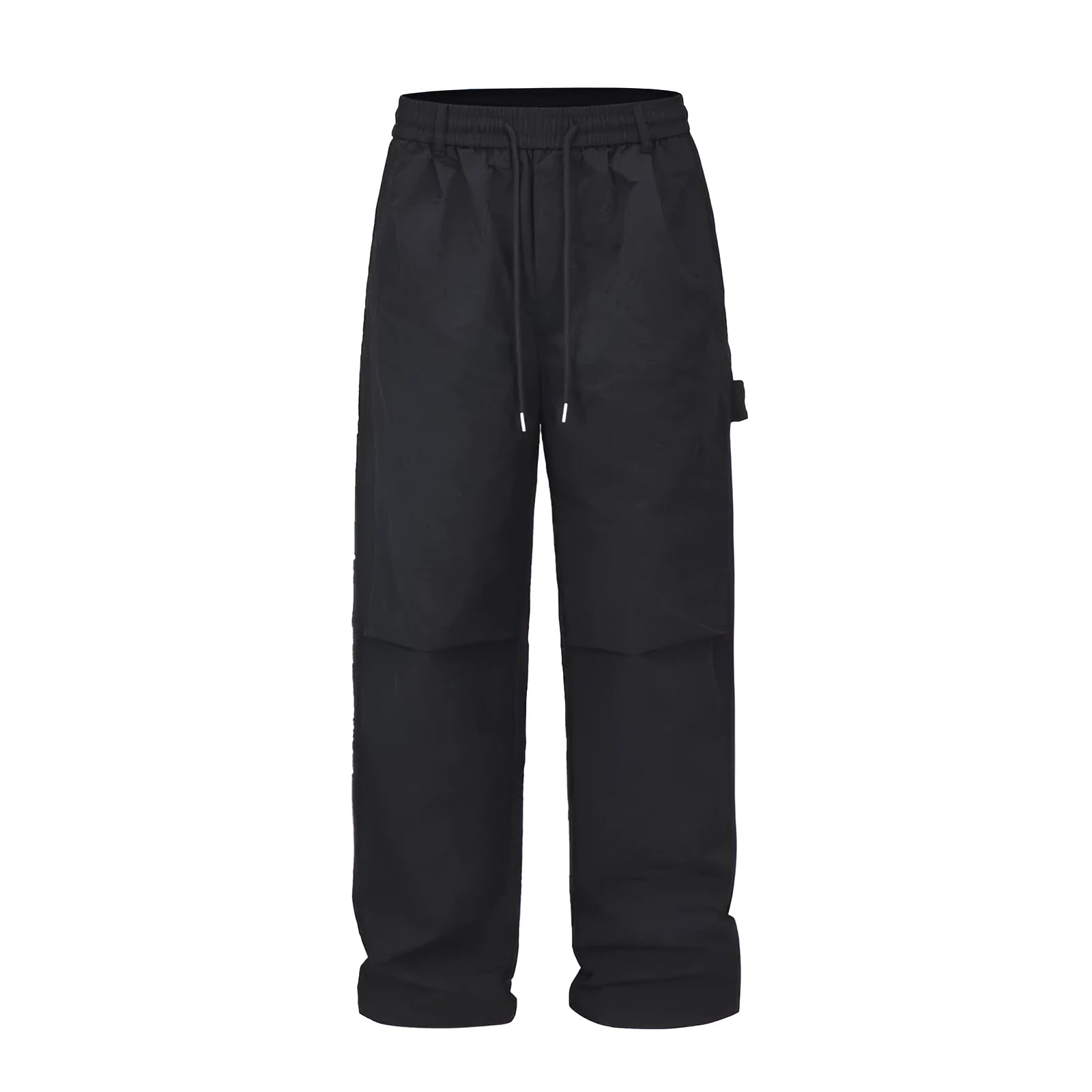 Black paratrooper pants with baggy fit and drawstring waist adjustment
