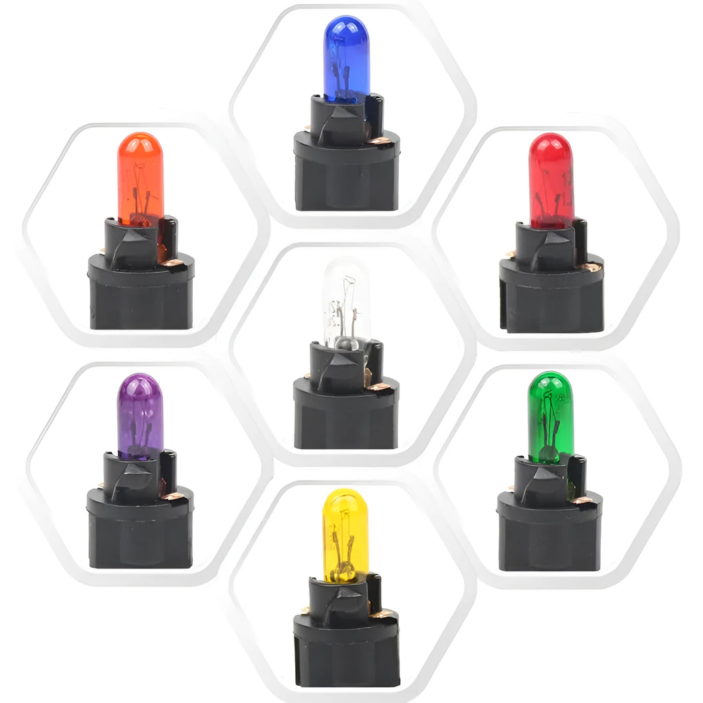 T5 12V 1.2W automotive indicator bulb with quartz glass envelope in multiple colour options.