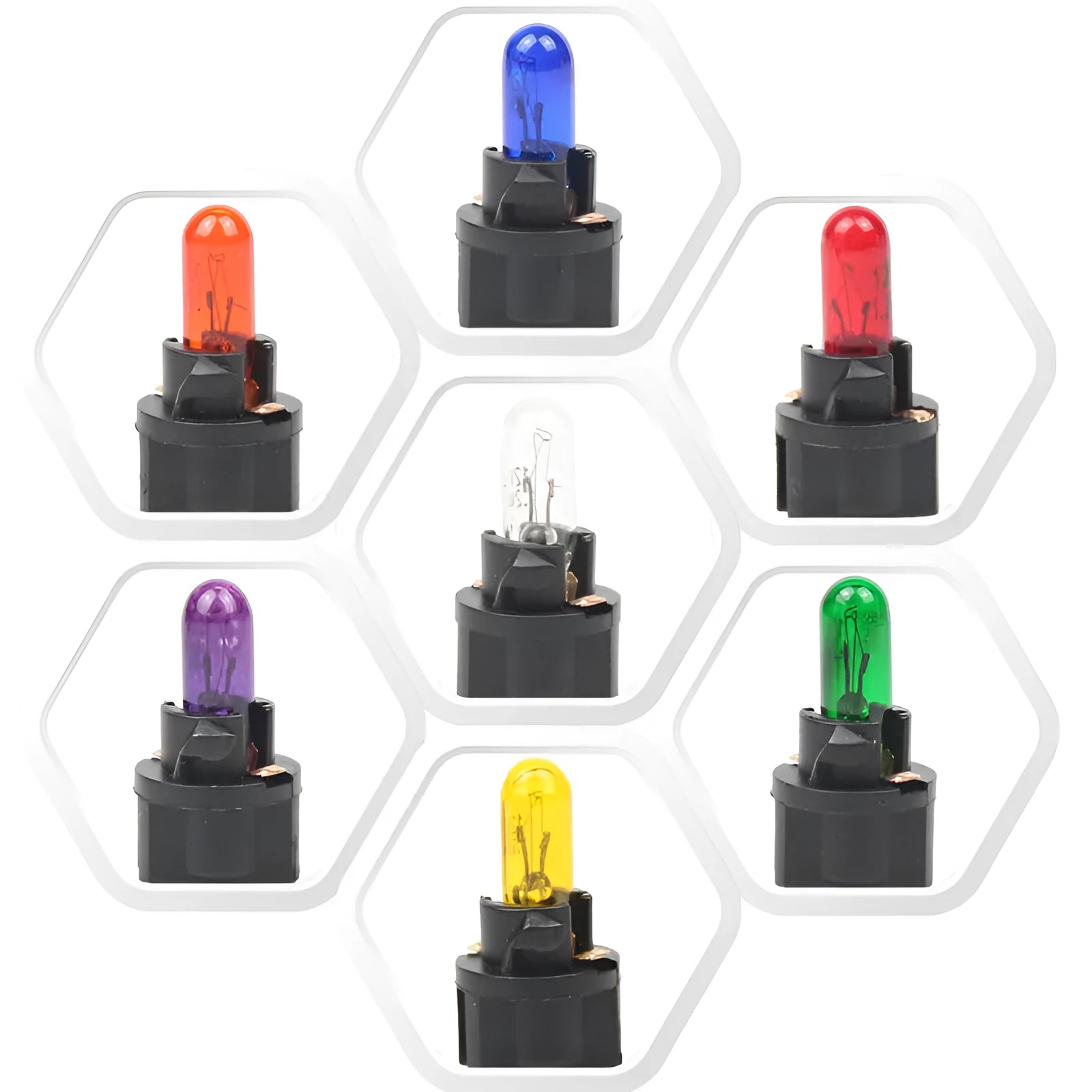T5 12V 1.2W automotive indicator bulb with quartz glass envelope in multiple colour options.