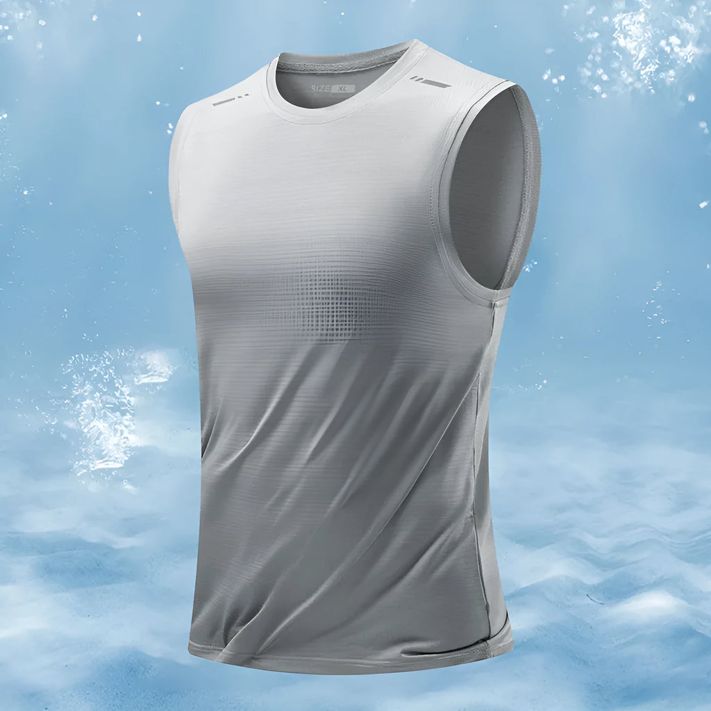 Men's loose-fit sleeveless waistcoat vest in bamboo polyester blend, shown in a solid colour.