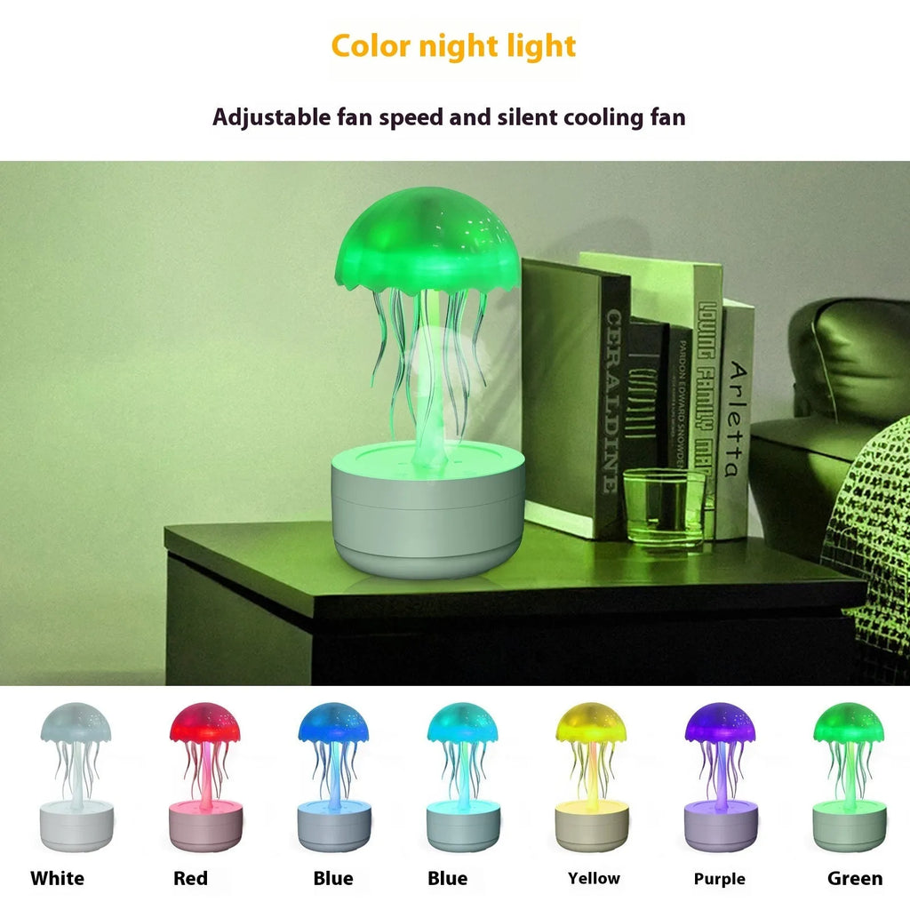 White jellyfish design humidifier diffuser with colourful night lights on desk