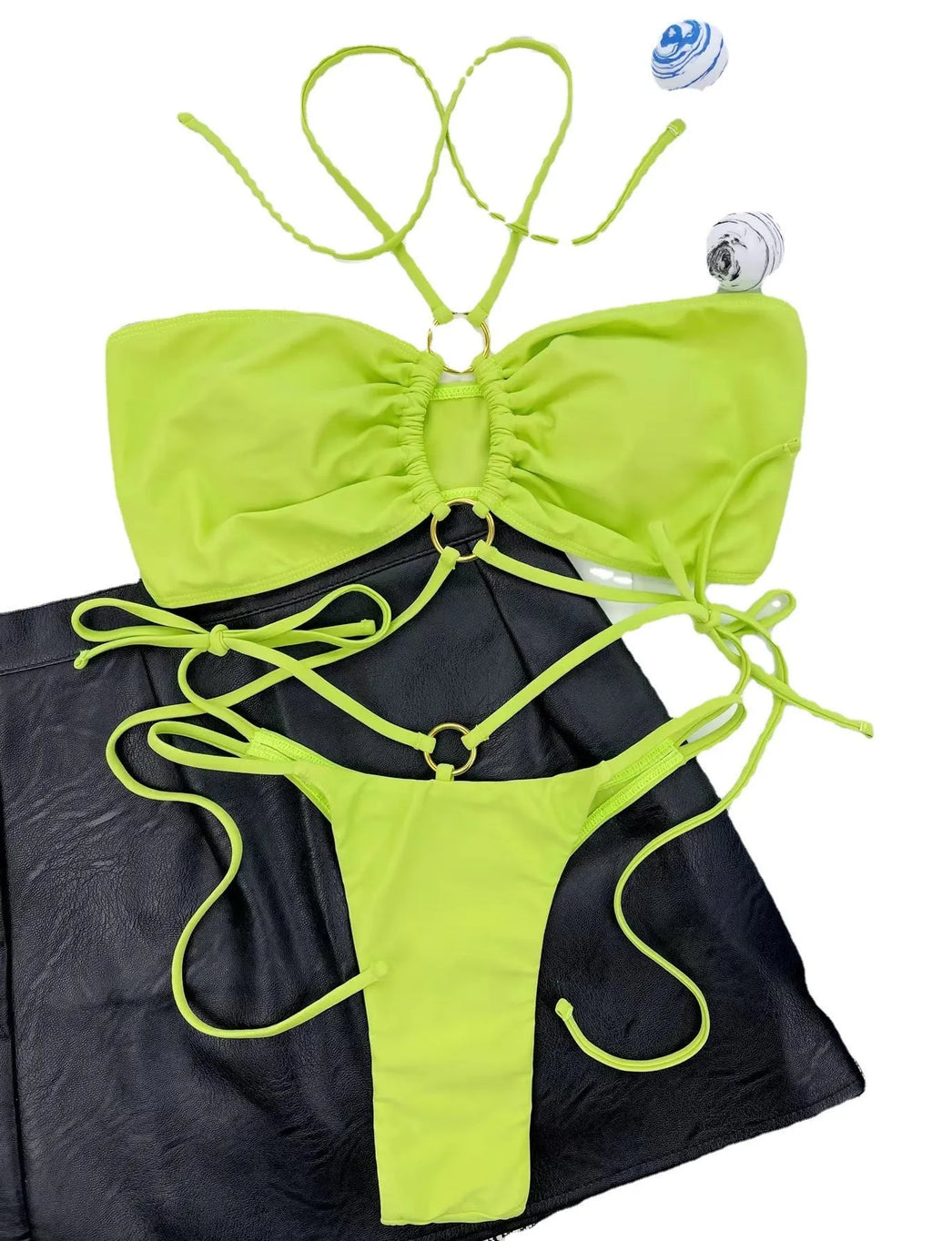 Women's yellow green lace-up triangle bikini swimsuit with split design