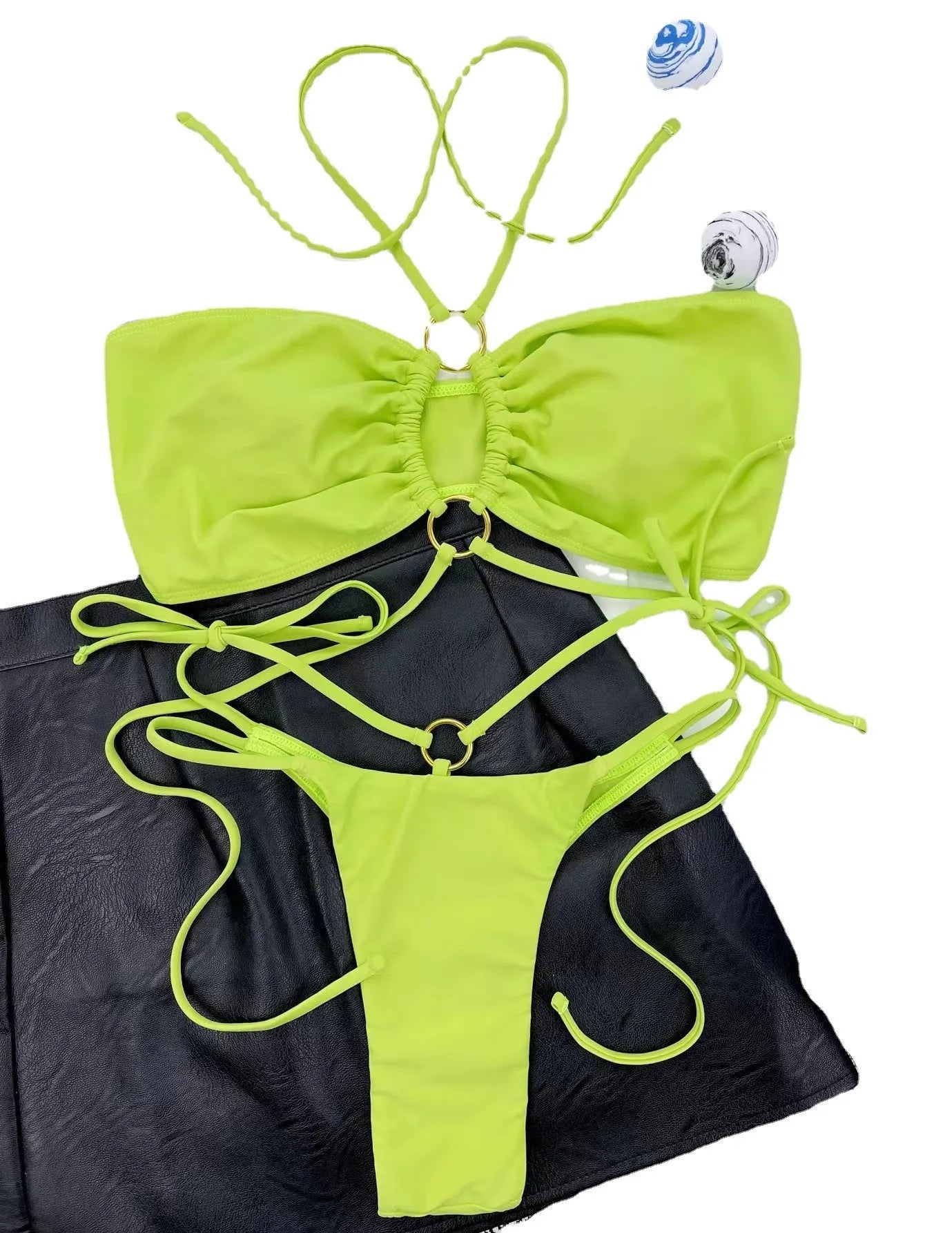 Women's yellow green lace-up triangle bikini swimsuit with split design