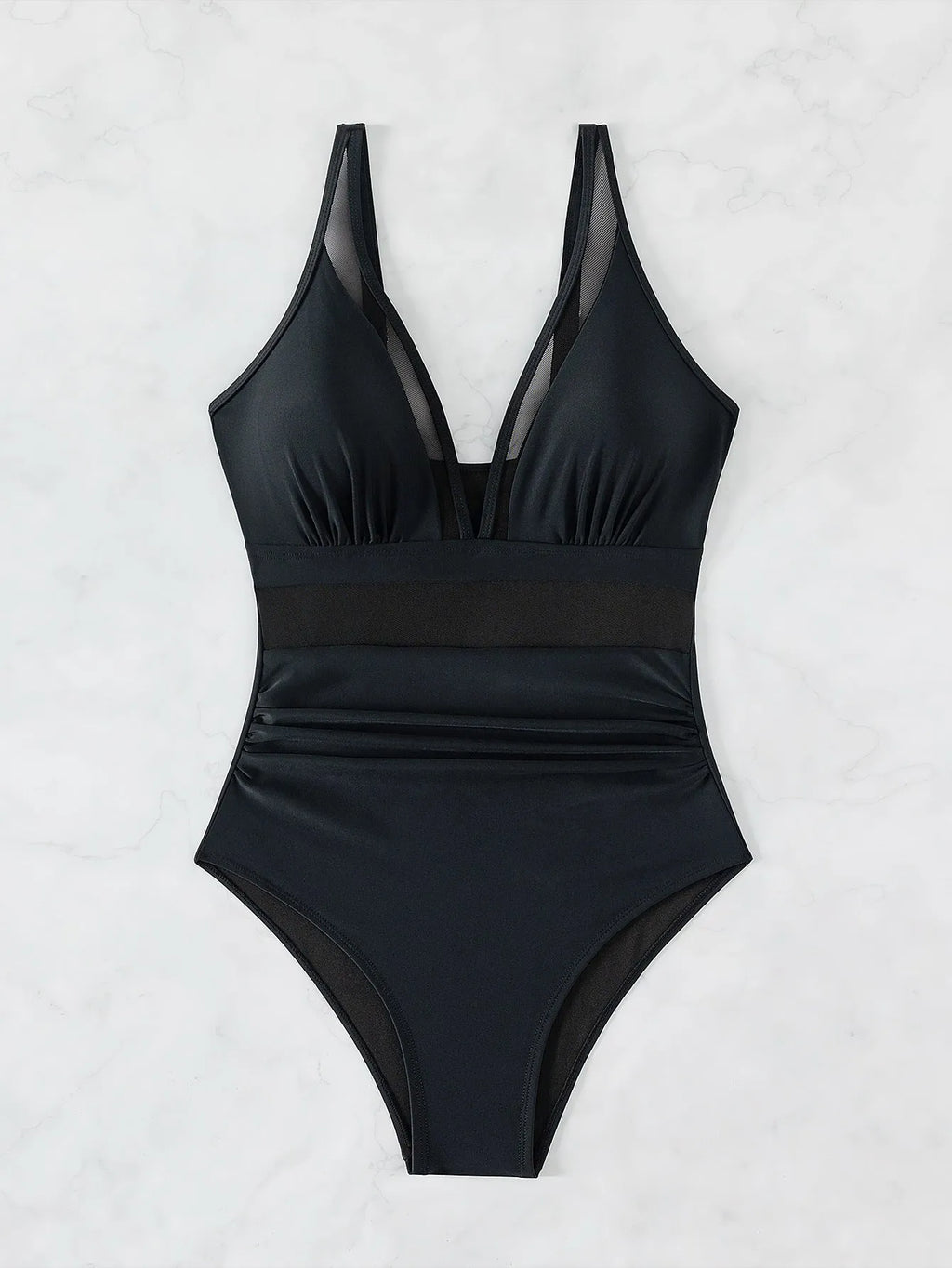 Black halter neck one-piece swimsuit with bikini style briefs, made from nylon fabric.