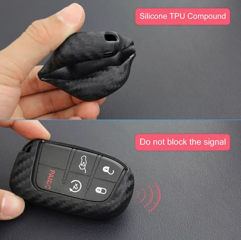 Black silicone key case with carbon fibre texture for Dodge Chrysler Fiat car remote fob