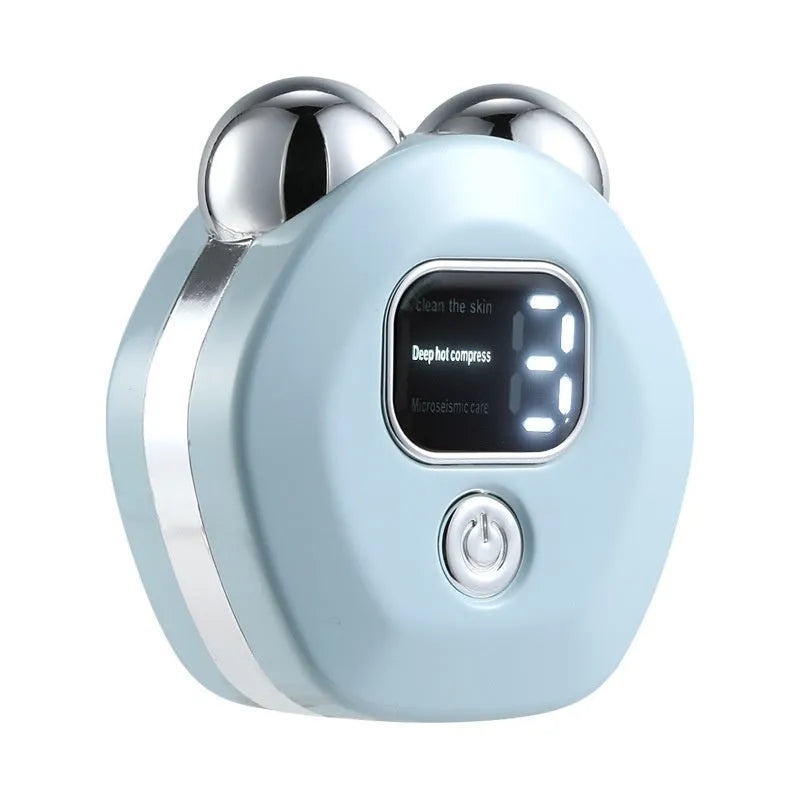 White portable facial massage instrument with double-roller head and USB cable on a blue background.