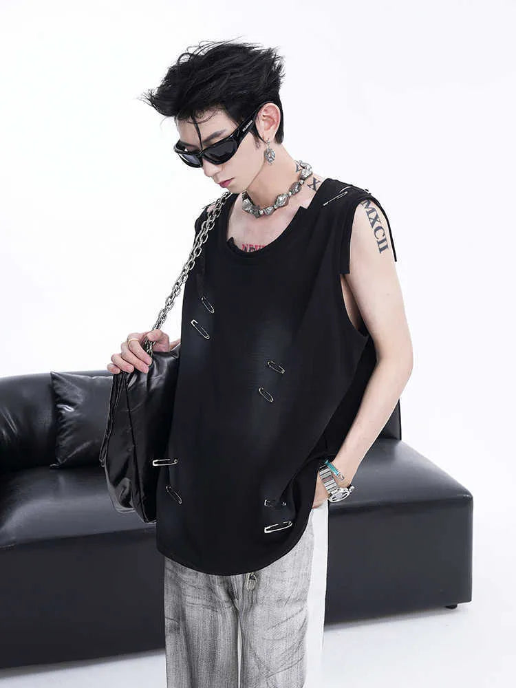 Men's black distressed waistcoat vest with asymmetrical cut on a hanger.