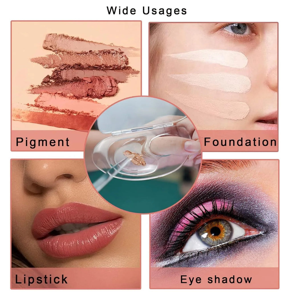 Transparent acrylic makeup mixing palette showing storage groove and colour test areas.