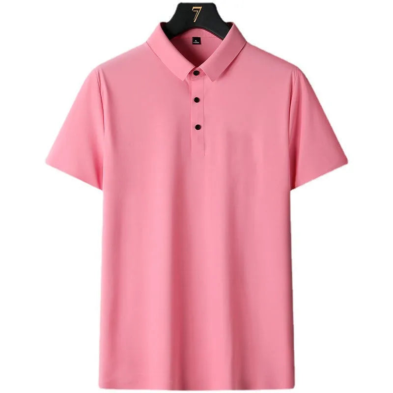 Non-ironing solid colour men's short sleeve business casual shirt on a hanger.