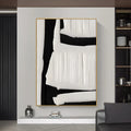 Large black white beige abstract handmade oil painting on canvas, vertical one-panel modern wall art without frame