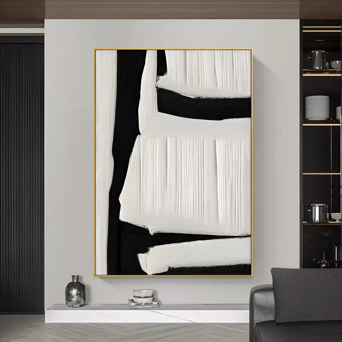 Large black white beige abstract handmade oil painting on canvas, vertical one-panel modern wall art without frame