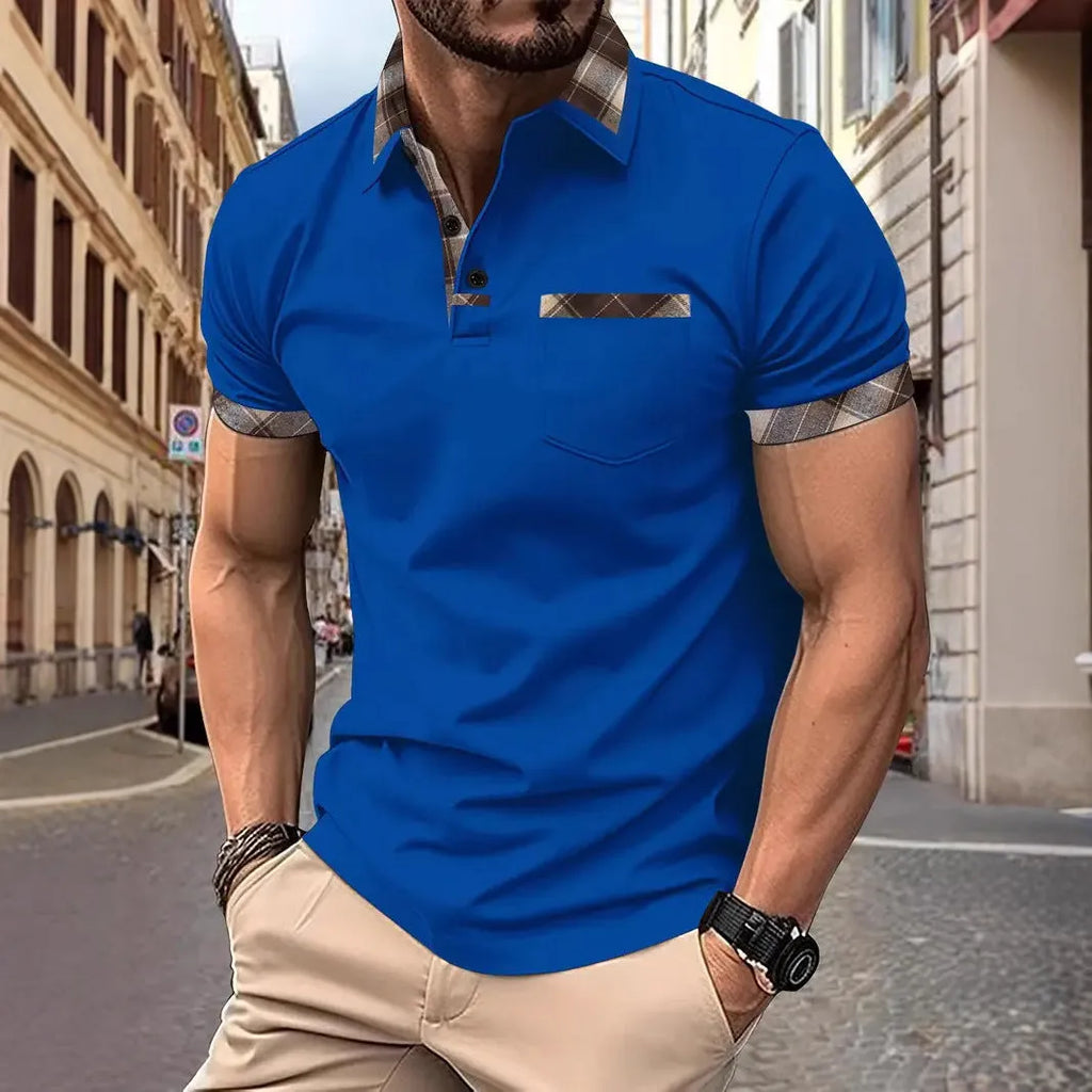 Men's loose fit plaid colourblock short sleeve t-shirt with zipper details on a neutral background.