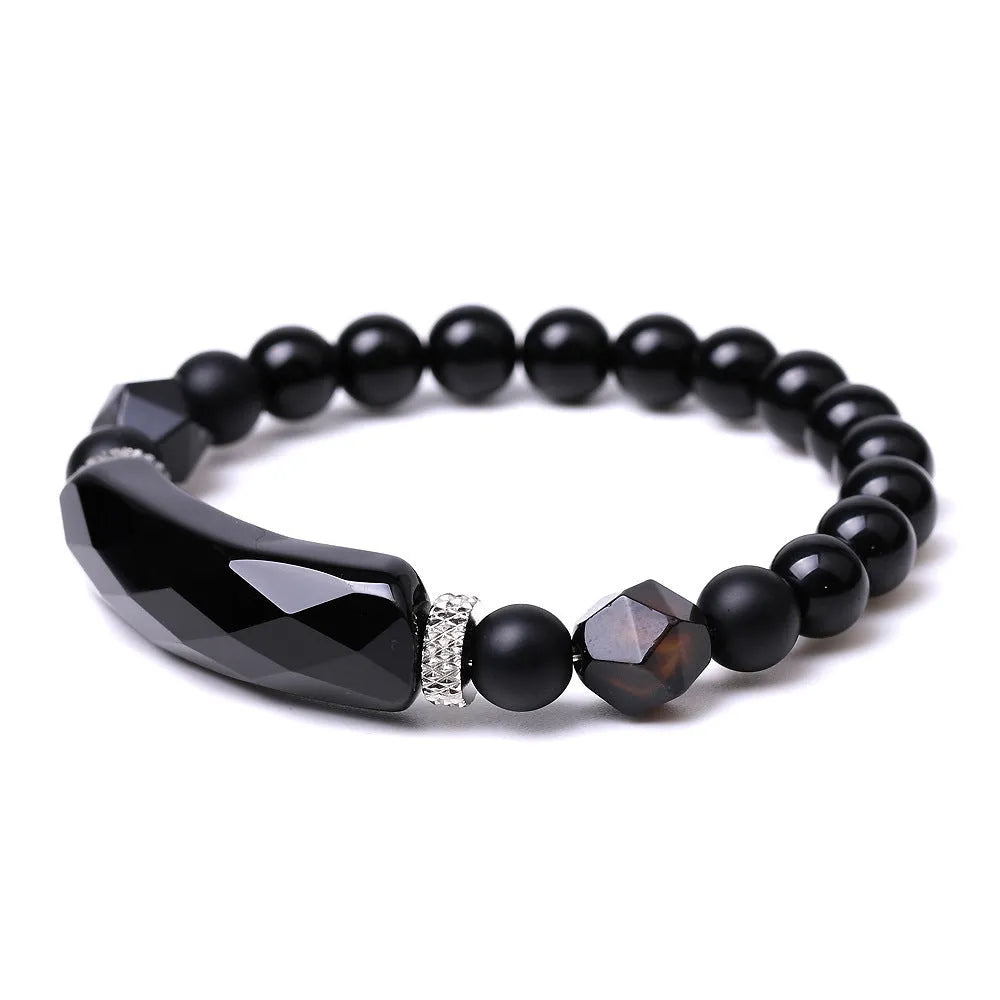 Handmade diamond-shaped cut agate bracelet with geometric pattern and fan-shaped elements