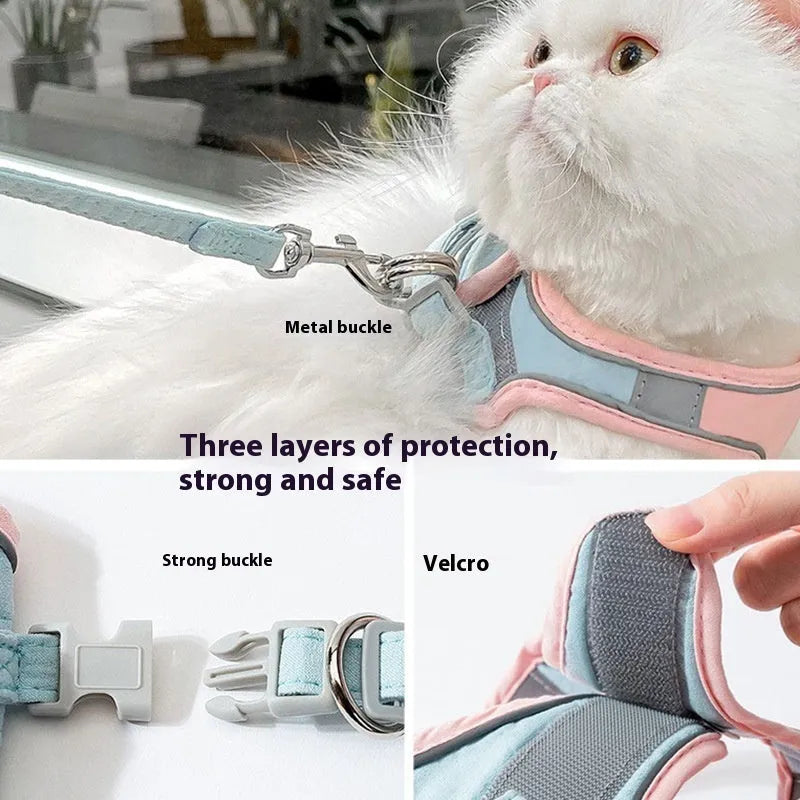Reflective cat vest harness with integrated lead in suede material showing blue orange stitching detail