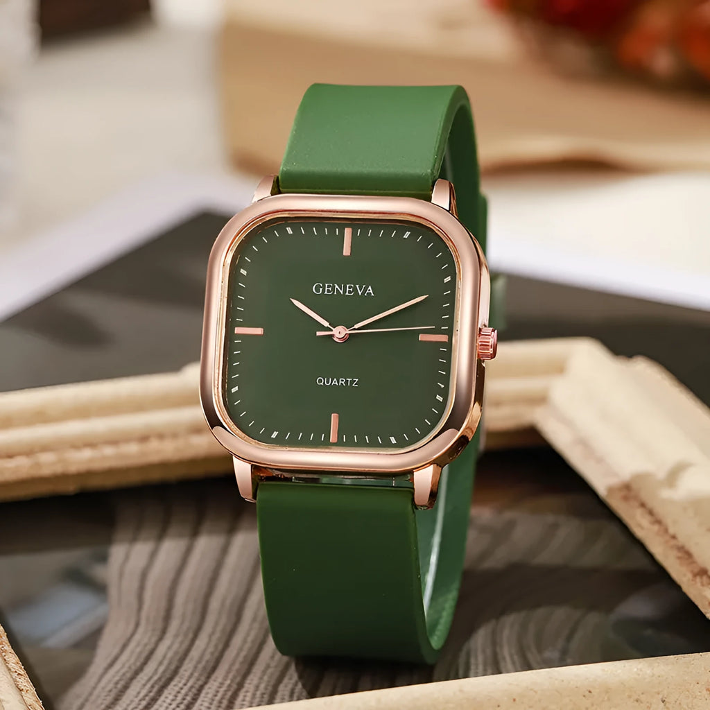 Women's square dial quartz watch with rose gold finish, 30mm alloy case, and green plastic strap