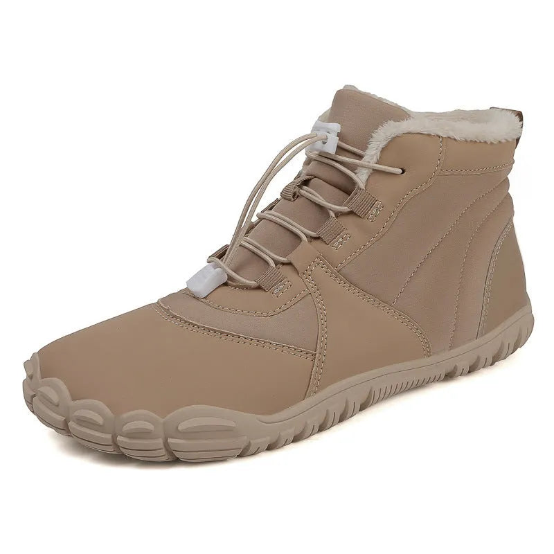 Black unisex waterproof winter snow boots with fleece lining and rubber sole on a wet surface.