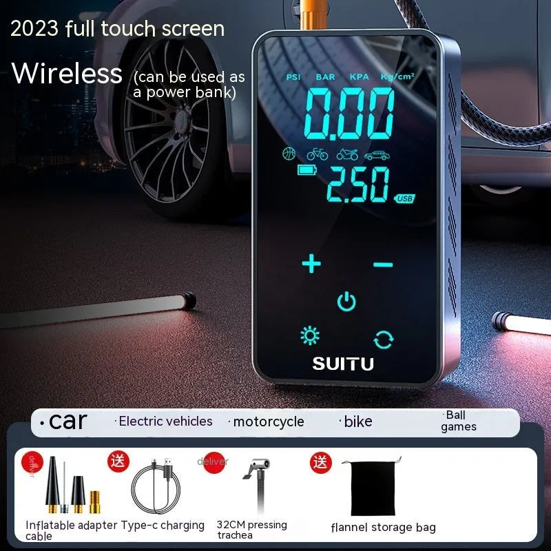 Compact black wireless car tyre pump with LCD screen on a cloth bag alongside its charging cable and nozzles.