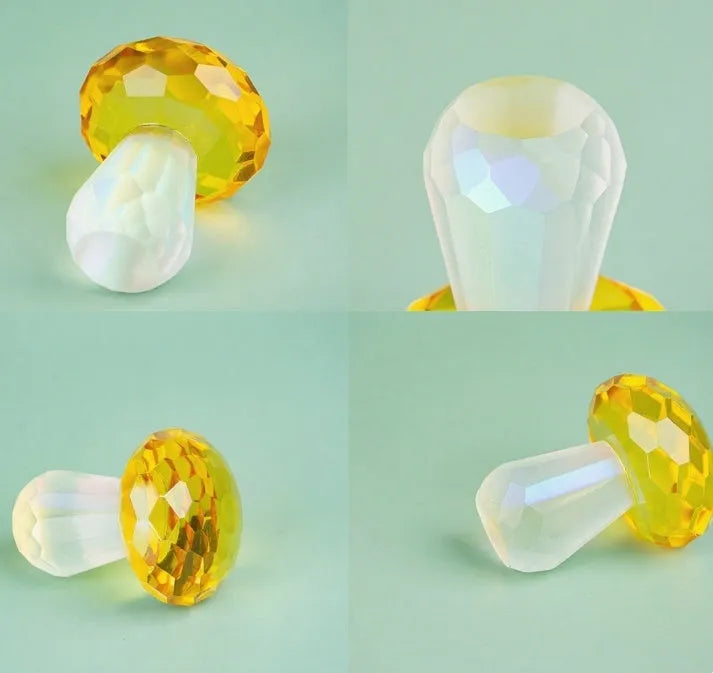 Solid resin crystal mushroom decoration in light green on a wooden surface